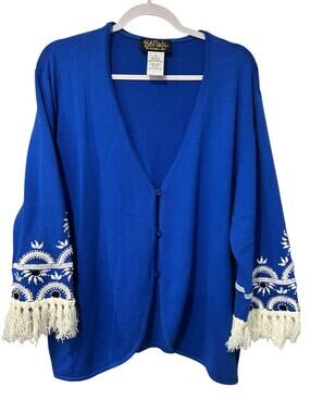 Bob Mackie Vintage Wearable Art Cardigan Blue Embroidered Beaded Fringe Boho XL